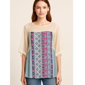 Umgee Tunic Blouse M Boho 3/4 Open Split Sleeve Lace Bow Tie Back Multicolor